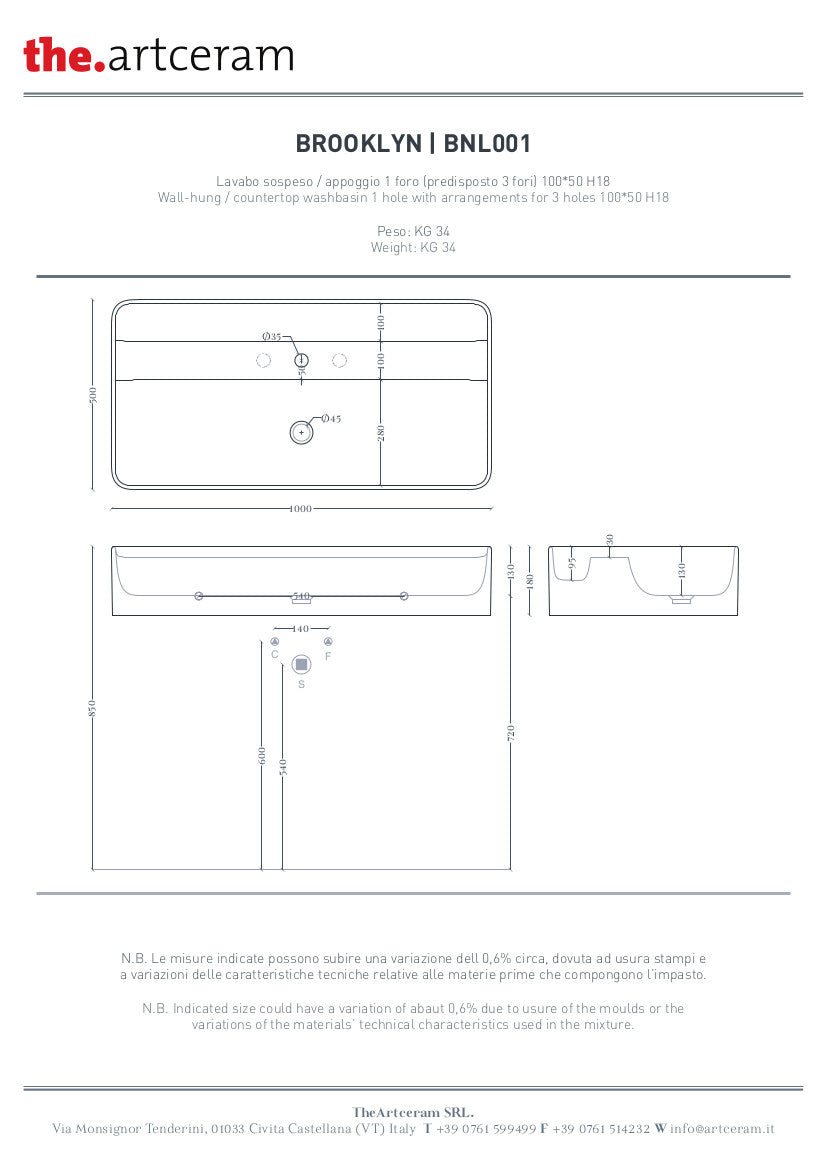 Lavabo Appoggio/Sospeso Rettangolare cm 100x50 Brooklyn