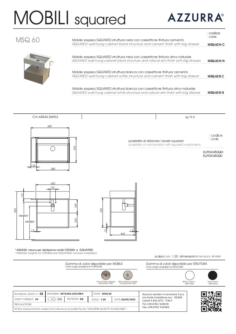 Struttura portalavabo cm 68x44,5xH52 cm con cassetto Elegance Squared