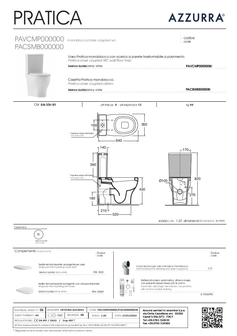 scheda tecnica vaso Wc monoblocco Pratica Azzurra