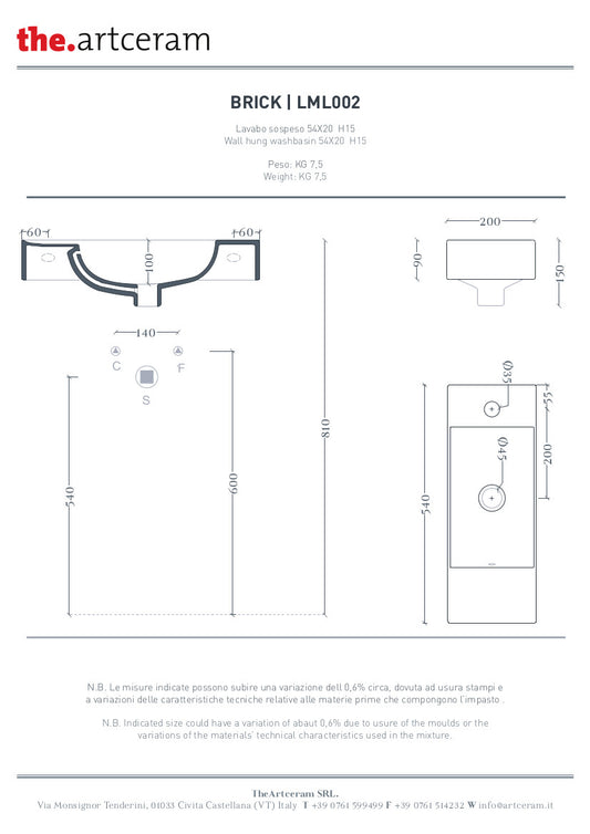 Lavabo suspendu 20 x 54 cm Brique