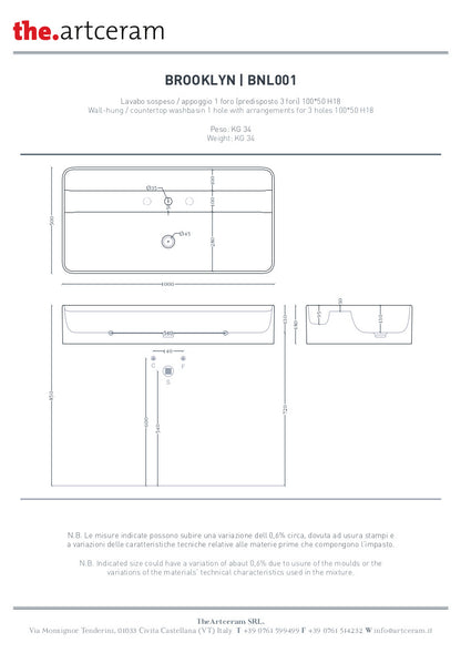 Lavabo Appoggio/Sospeso Rettangolare cm 100x50 Brooklyn