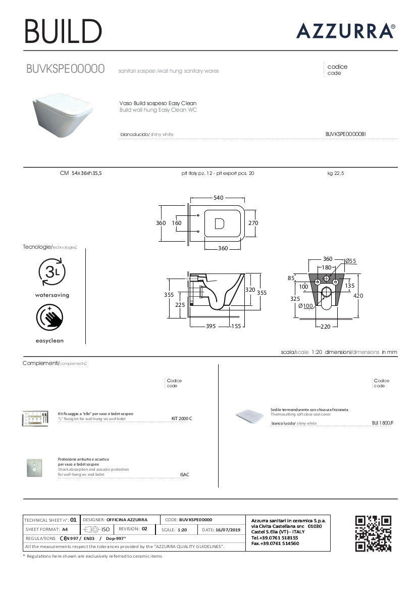 scheda tecnica vaso Wc sospeso Build Azzurra