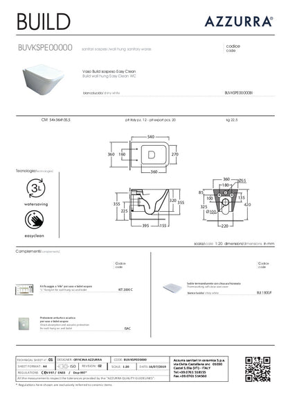 scheda tecnica vaso Wc sospeso Build Azzurra