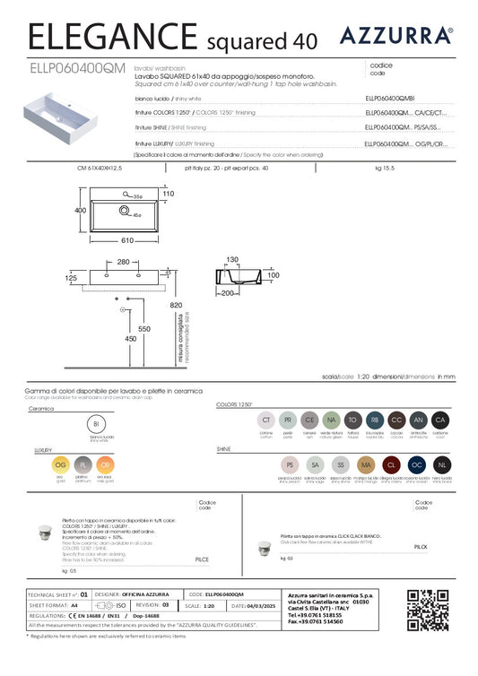 scheda tecnica lavabo appoggio elegance squared 61x40 azzurra