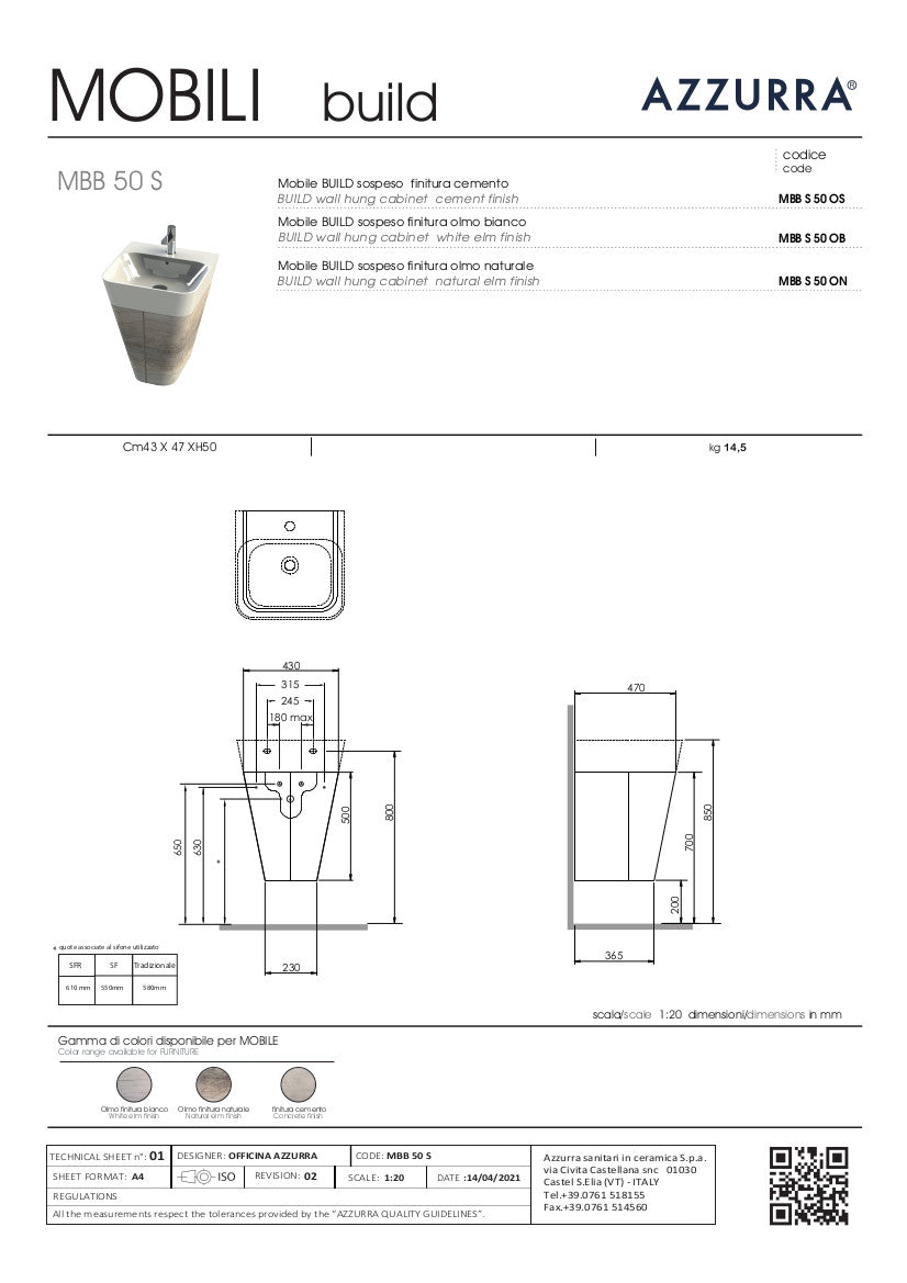 Mobile sospeso o a terra  44x47xH50 cm per lavabo Build