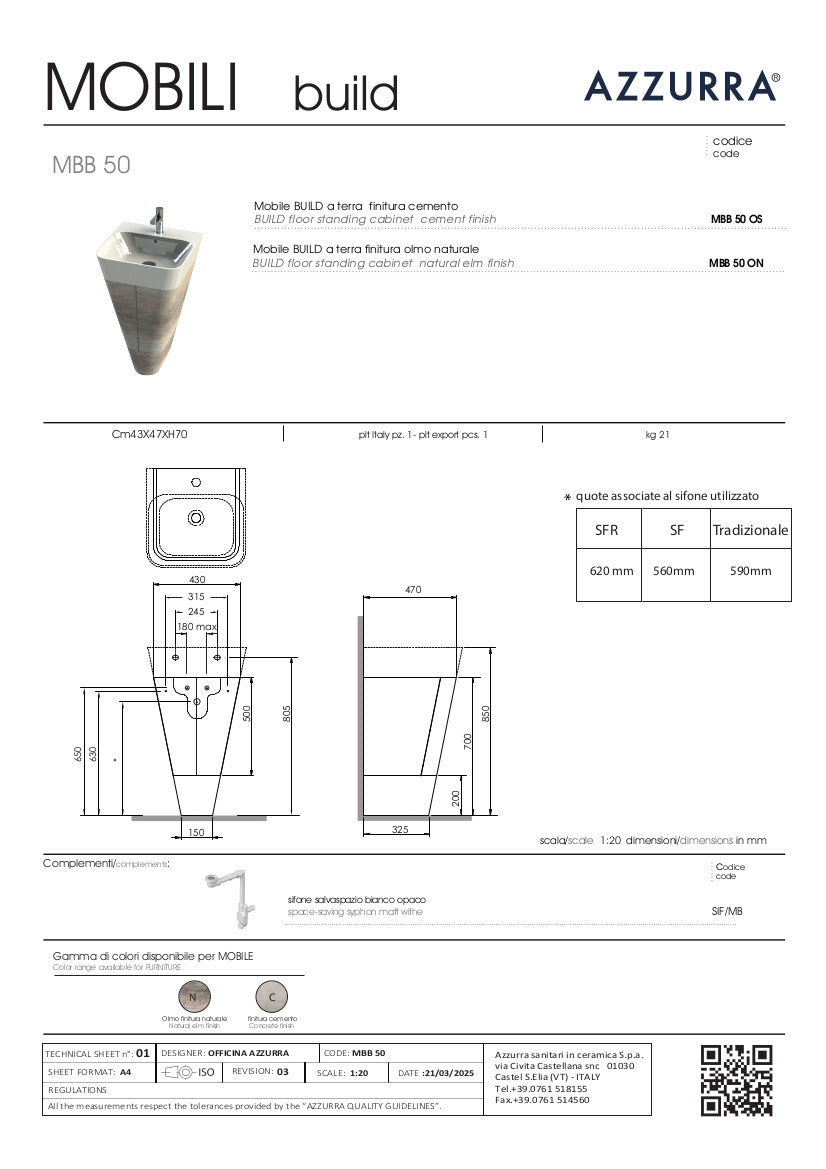 Mobile sospeso o a terra  44x47xH50 cm per lavabo Build