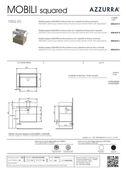 Struttura portalavabo cm 68x44,5xH52 cm con cassetto Elegance Squared