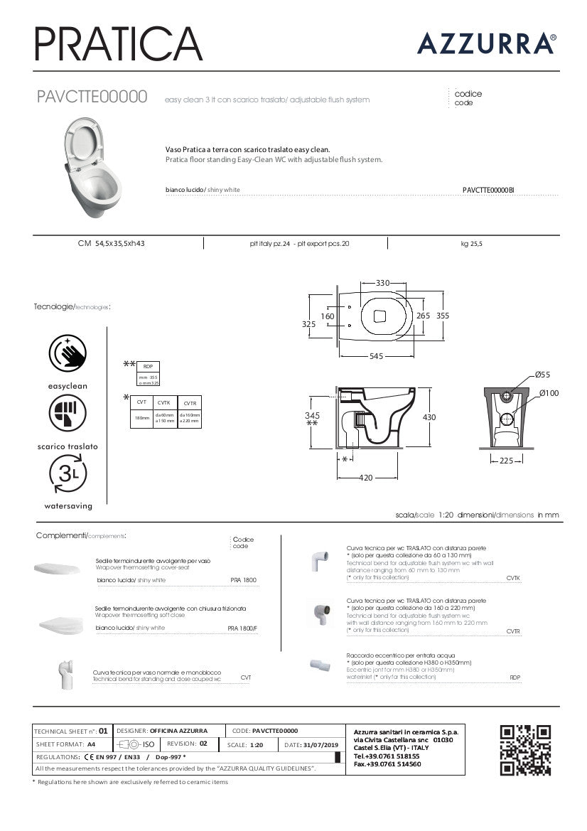scheda tecnica vaso Wc filomuro Pratica Azzurra