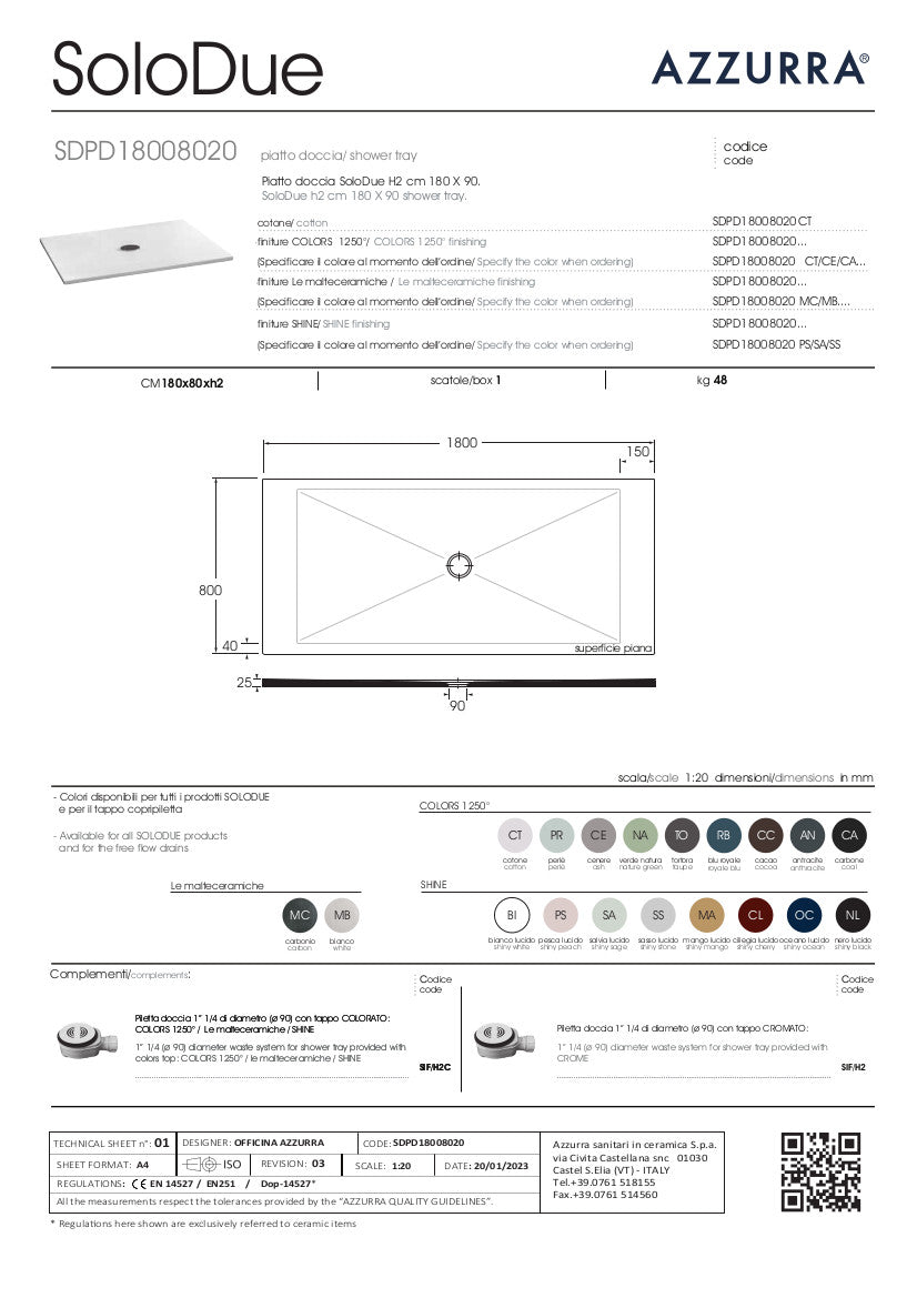scheda tecnica piatto doccia SoloDue 180x20 Azzurra