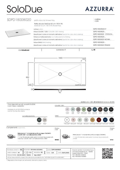 scheda tecnica piatto doccia SoloDue 180x20 Azzurra