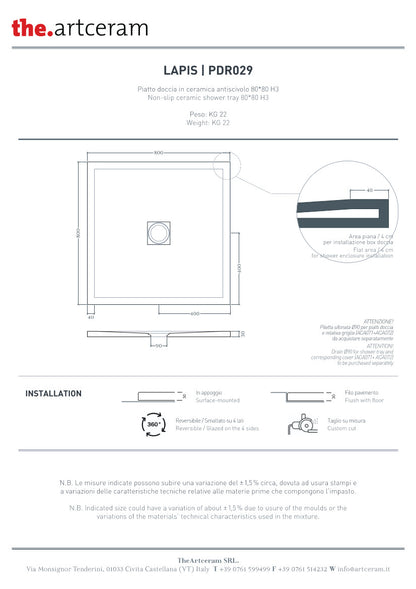 Receveur de douche 80x80 H3 Lapis