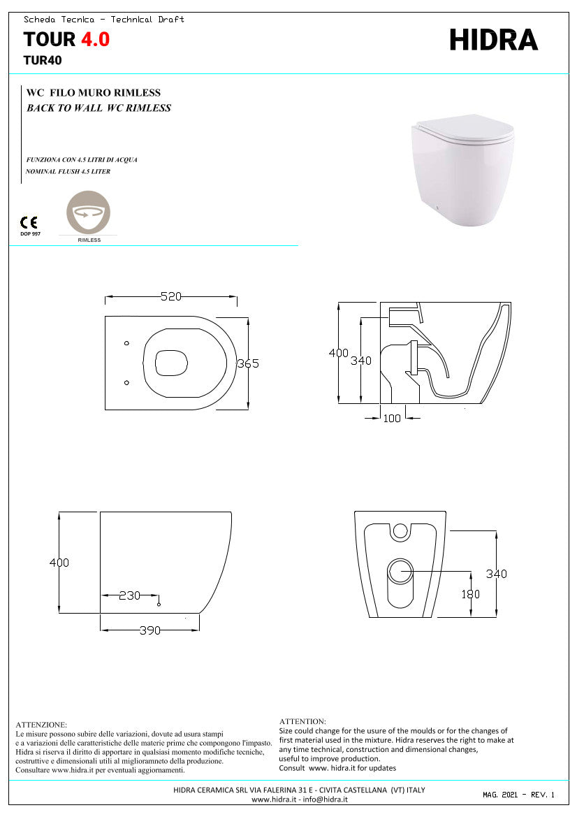 Toilettes sans bride Tour 4.0 à poser au mur