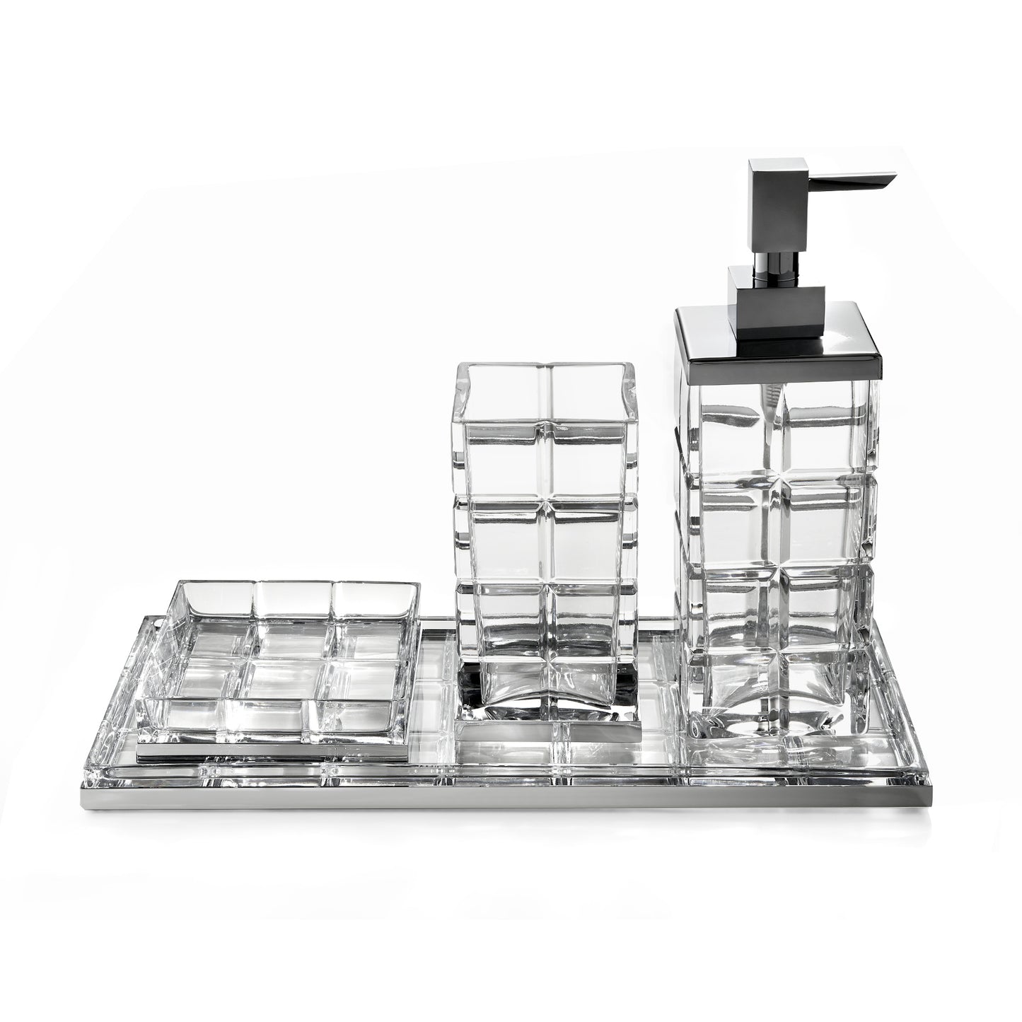 set vassoio quadrato, bicchiere porta spazzolini, dispenser sapone e vassoio rettangolare cristallo Crystal Palace 3SC