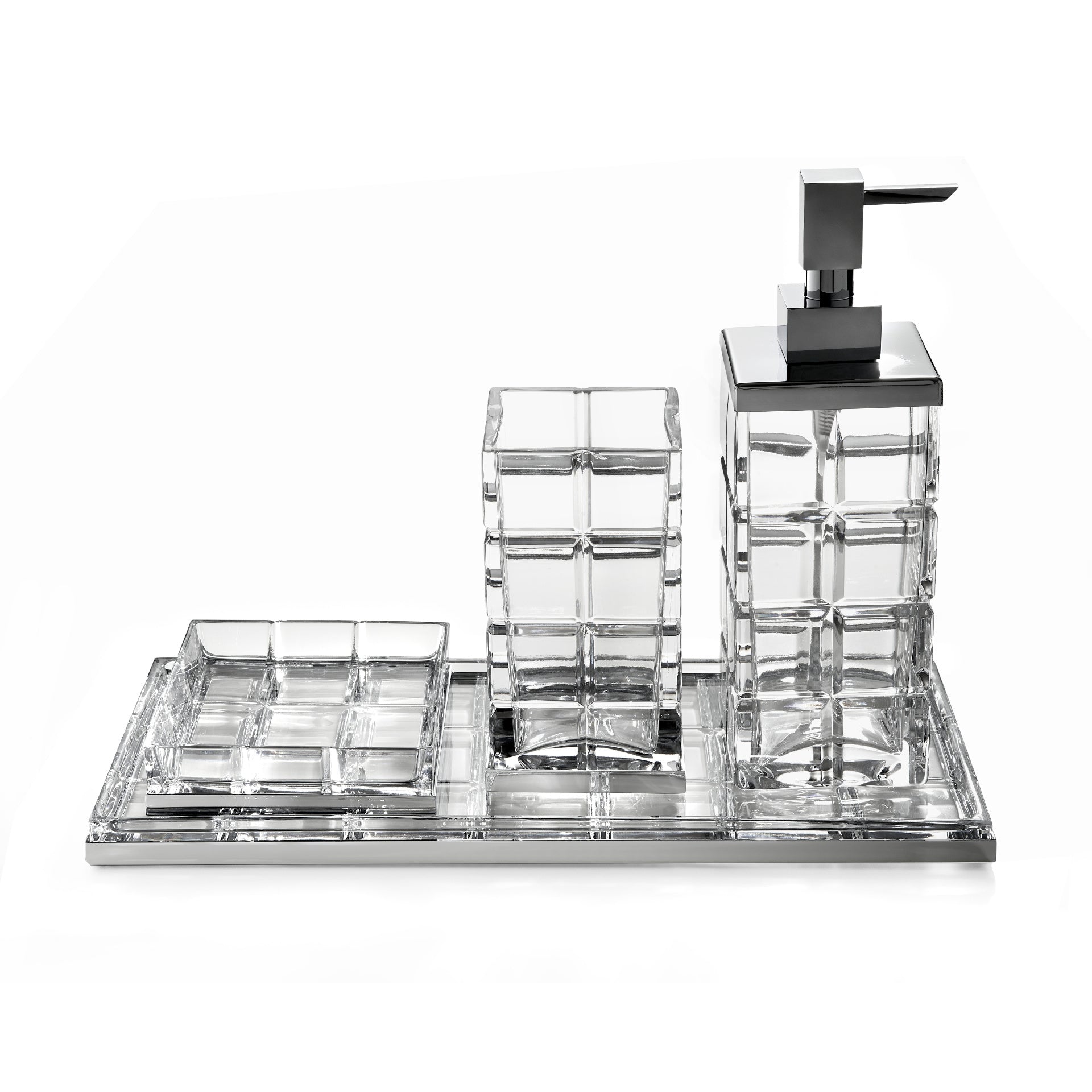 set vassoio quadrato, bicchiere porta spazzolini, dispenser sapone e vassoio rettangolare cristallo Crystal Palace 3SC